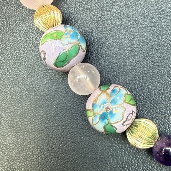 Vtg Chinese Rose Quartz Amethyst 11mm Cloisonné Bead 18” Necklace Gold Filled - Picture 4 of 8